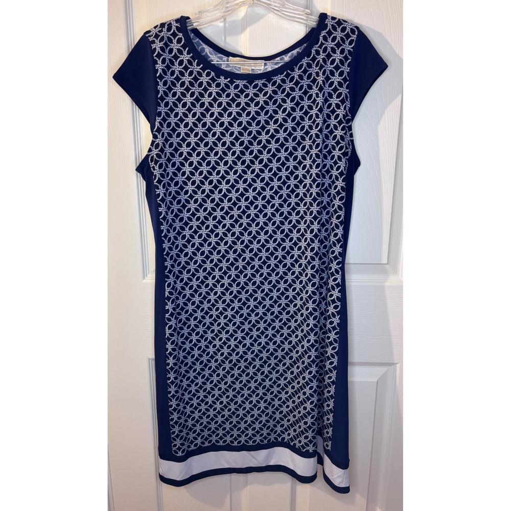 Michael Kors Navy Blue White‎ Rope Print Sheath Dress Cap Sleeve Office Preppy L